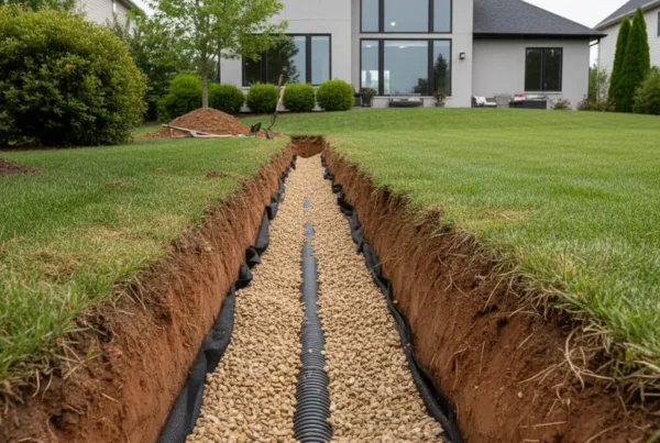 A French drain installation trench with pipe and gravel in a backyard with clay soil.