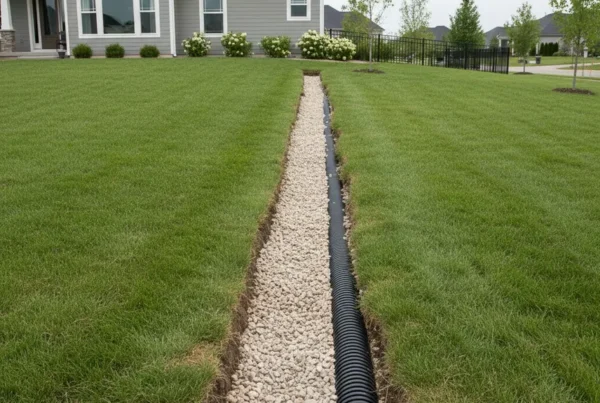 A new French drain installation in a sloped residential backyard in Sunbury, Ohio.