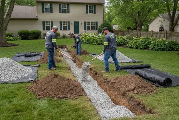 Professional crew installing a French drain system in a suburban backyard with clay soil.