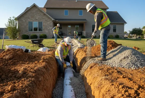 Professional crew installing a French drain system in a residential backyard with clay soil.