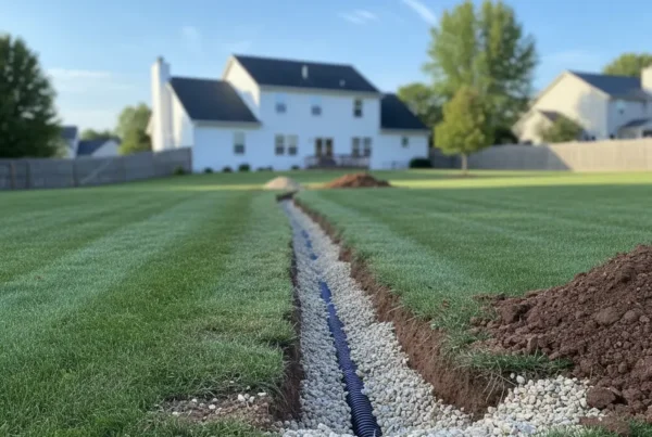 A newly installed French drain in a residential backyard with clay soil visible.
