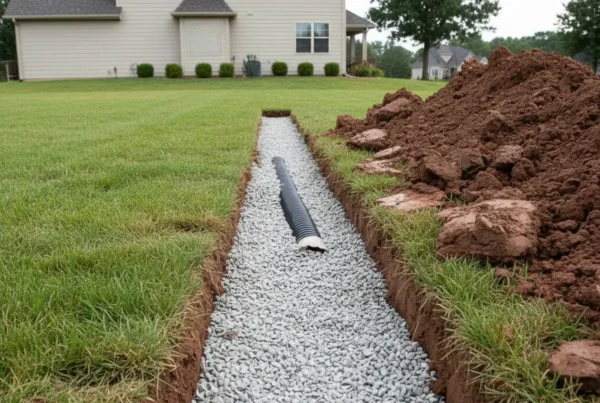 A French drain installation trench with pipe and gravel in a backyard with clay soil.