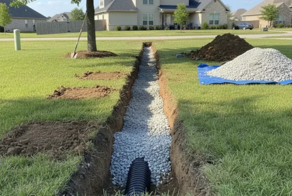 Newly installed French drain trench with pipe and gravel in an Etna, Ohio backyard.