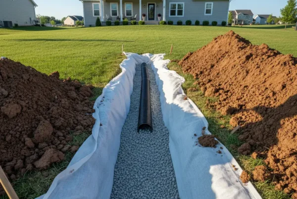 A newly installed French drain in a trench with gravel in a suburban backyard.
