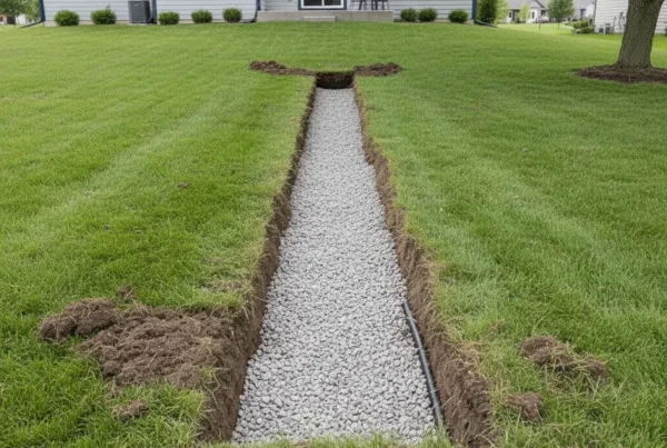Newly installed French drain trench with gravel and pipe in a residential backyard.