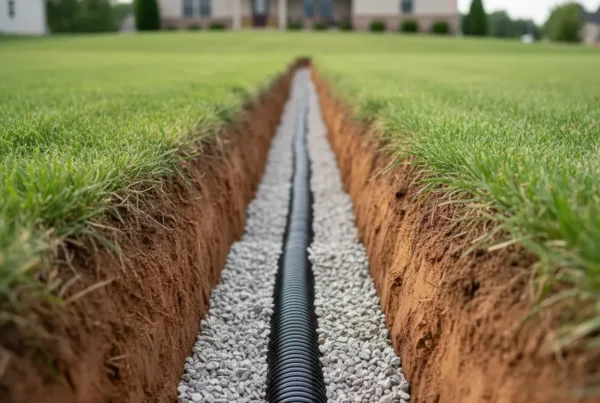 Newly installed French drain trench with pipe and gravel in a suburban backyard.