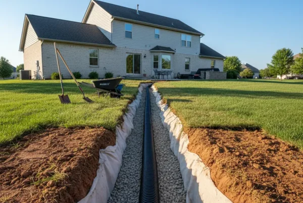 A newly installed French drain trench with pipe and gravel in a residential backyard.
