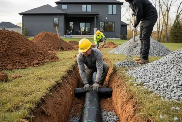 Professional crew installing a French drain system in a residential backyard with clay soil.