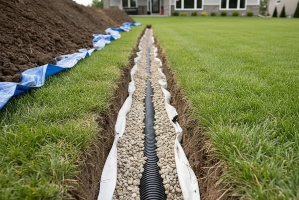 Newly installed French drain trench with pipe and gravel in a suburban backyard.
