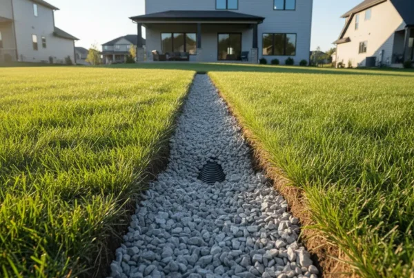 Newly installed French drain with gravel and pipe in a residential backyard lawn.