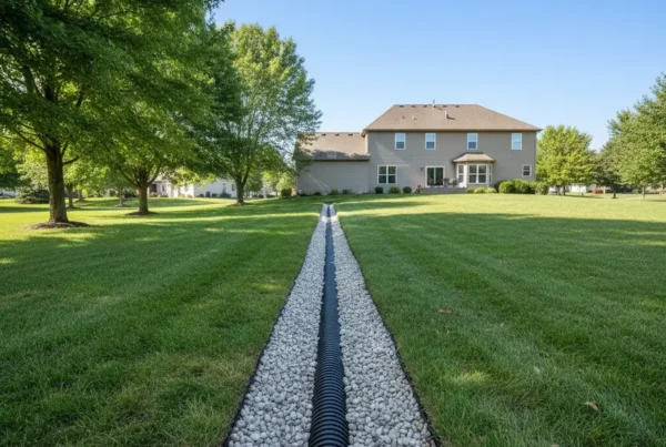 Newly installed French drain trench in a green suburban backyard in Pataskala, Ohio.