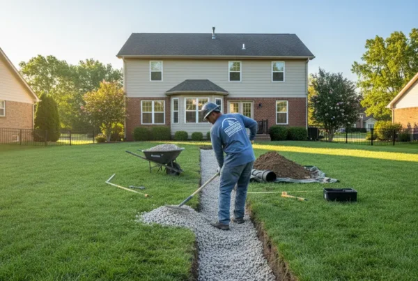 Construction worker installing a French drain system in a residential backyard in Pickerington, Ohio.