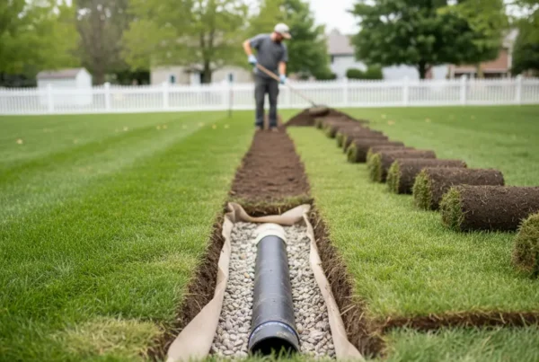 Newly installed French drain in a residential backyard in Plain City, Ohio.