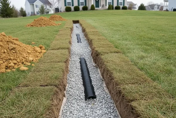 A professionally installed French drain in a Reynoldsburg backyard with heavy clay soil.