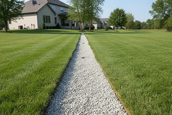 A newly installed French drain with gravel and pipe running through a green residential lawn.