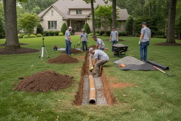 Professional crew installing a French drain system in a landscaped Upper Arlington backyard.