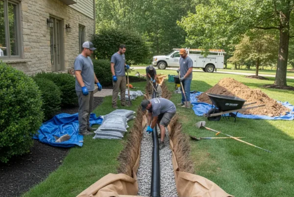 Professional crew installing a French drain system in a suburban backyard in Westerville, Ohio.
