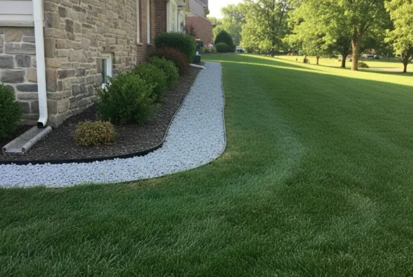 A clean French drain installation running alongside a suburban home in Westerville, Ohio.