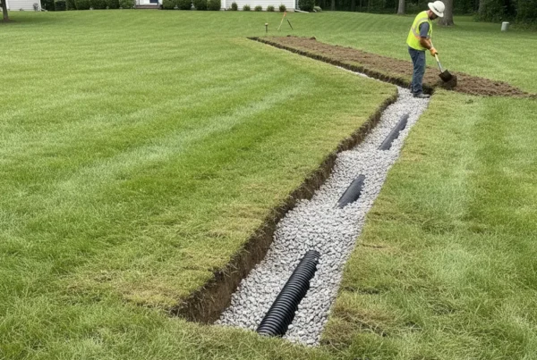 Newly installed French drain trench with gravel and pipe in a suburban backyard.