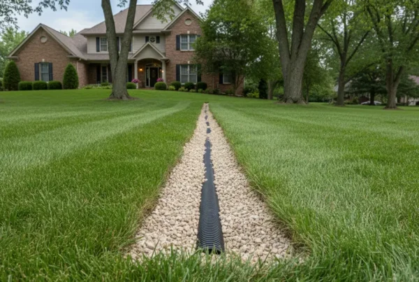 A newly installed French drain trench filled with gravel in a residential backyard.
