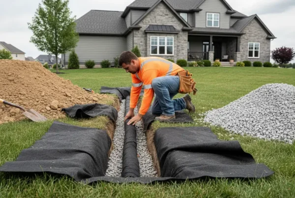 Professional worker installing a French drain pipe in a trench in a suburban backyard.