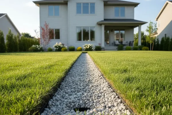 A newly installed French drain trench filled with gravel in a residential backyard.