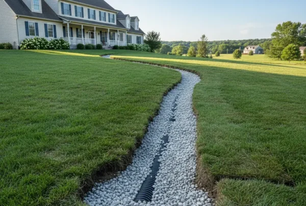 Newly installed French drain system on a sloped residential lawn in Newark, Ohio.