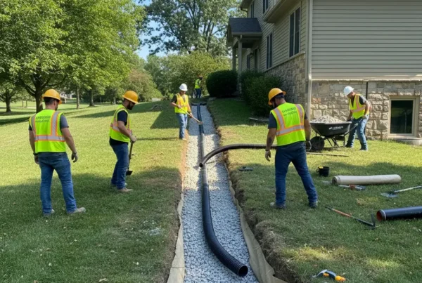 Construction crew installing a French drain system on a sloped residential property in Ohio.