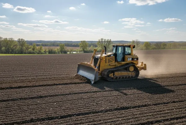 Bulldozer performing land leveling on a flat agricultural lot in Plain City, Ohio.