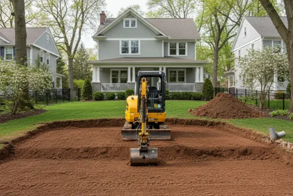 Mini-excavator performing land leveling on a residential lot with clay soil in Grandview Heights.