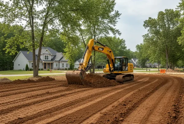 Excavator performing land leveling on a residential lot with heavy clay soil in Milford Center.