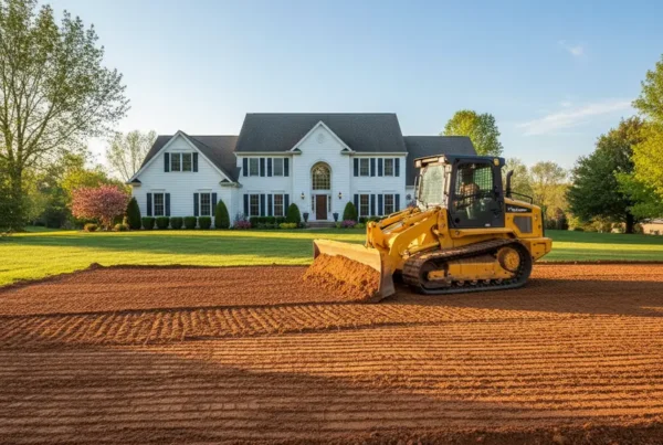 Compact bulldozer performing land leveling on a residential property with clay soil in New Albany.