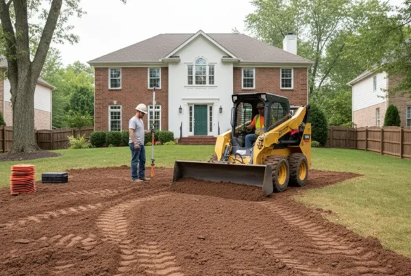 Professional crew using a skid steer for land leveling in an Upper Arlington backyard.