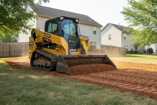 A skid steer loader performing expert land leveling on a residential property with clay soil.