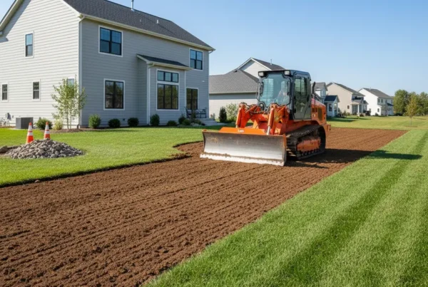 Professional land leveling service in Baltimore, Ohio, grading a residential yard with clay soil.