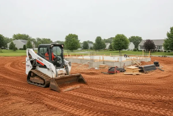 A compact track loader performing land leveling on a residential lot with clay soil.