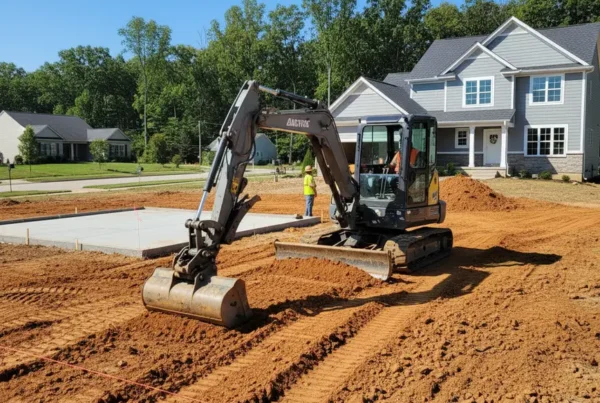 Compact excavator performing land leveling on a clay soil lot in Reynoldsburg, Ohio.