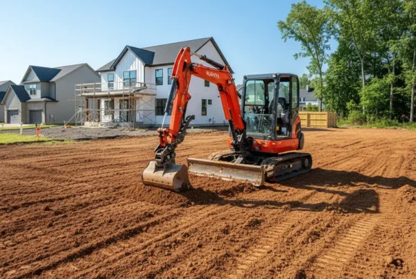 A compact excavator performing land leveling on a residential property with clay soil.