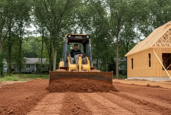 Small bulldozer performing land leveling on a residential lot with clay soil in Worthington.