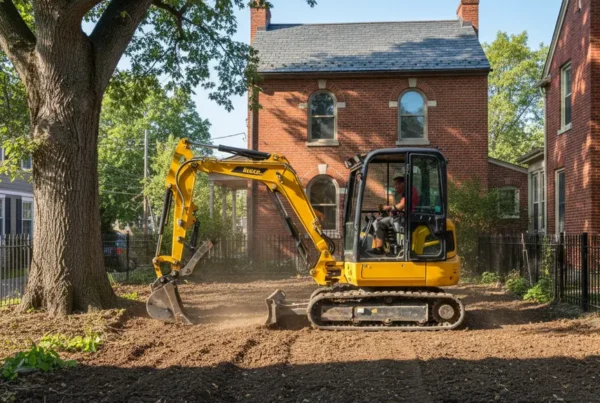 Compact excavator performing land leveling on a narrow residential lot in Columbus, Ohio.