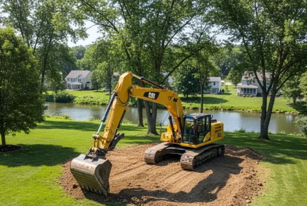 Excavator performing land leveling on a sloped residential property in Delaware, Ohio.