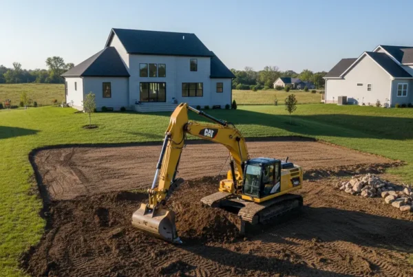 Excavator performing land leveling on a sloped residential property in Newark, Ohio.