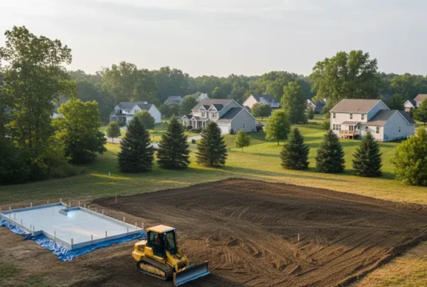 Small bulldozer performing land leveling on a residential lot in Westerville North, Ohio.