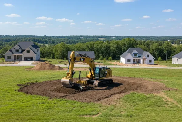 Excavator performing land leveling on a residential property in Orange Township, Ohio.
