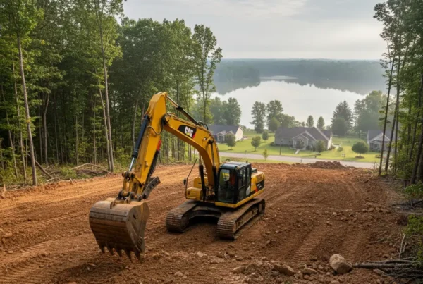 Excavator performing land leveling on a steep, wooded residential lot in Millersport, Ohio.