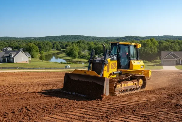 Bulldozer performing land leveling on a residential property with rolling hills in Gahanna, Ohio.