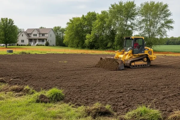 Compact bulldozer performing land leveling on a residential lot in Ostrander, Ohio.