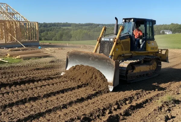 Bulldozer performing land leveling on a residential lot in Etna, Ohio for new construction.