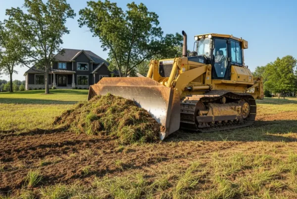 A bulldozer performs land leveling on a rolling residential property in Pataskala, Ohio.