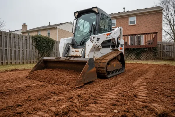 A compact track loader grading heavy clay soil during a land leveling project.